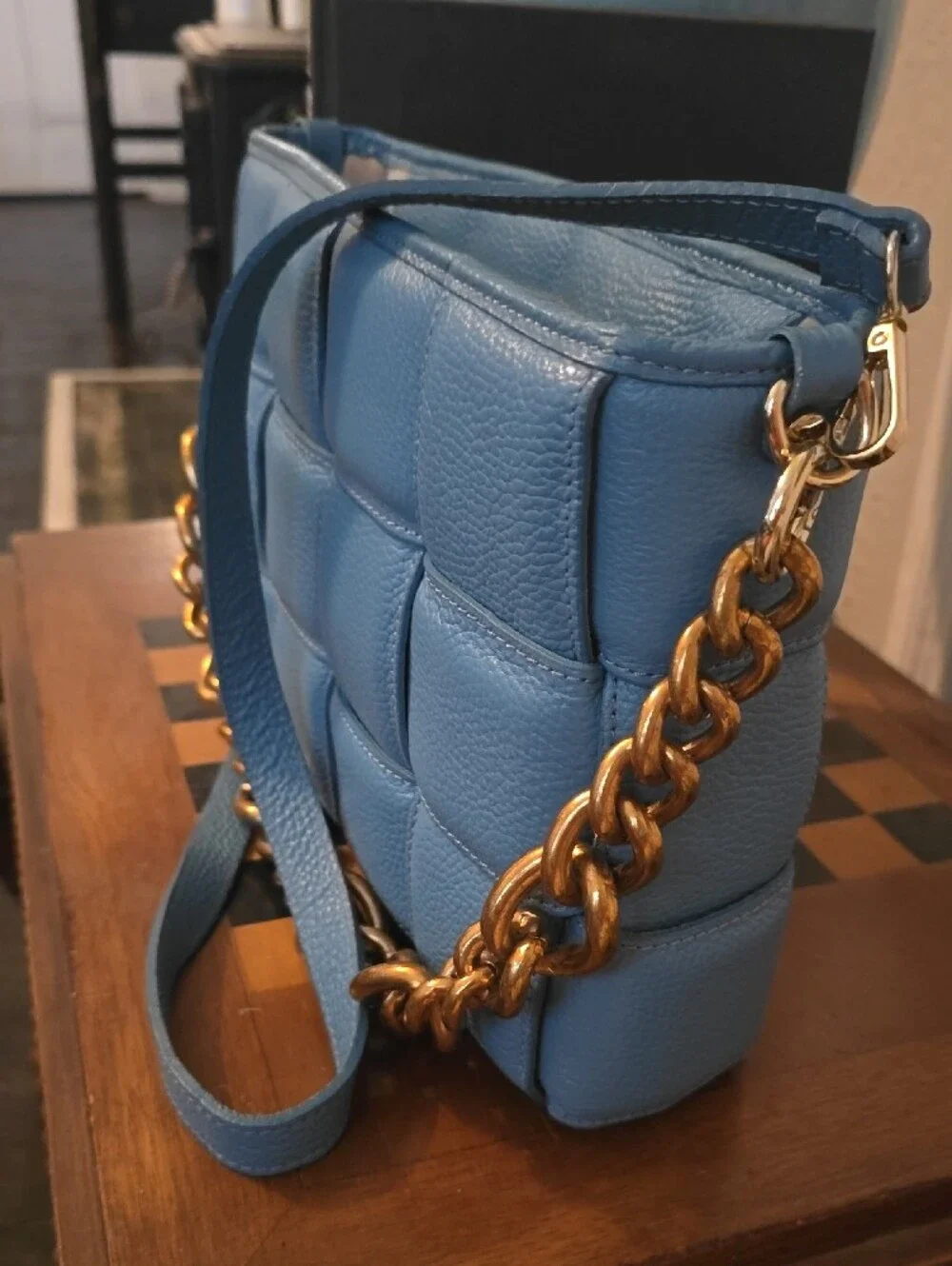 Quilted Light Blue Leather Crossbody with Gold Chain Accent